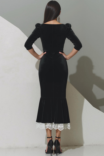 Zwarte fluwelen zeemeermin thee lengte formele jurk met kant